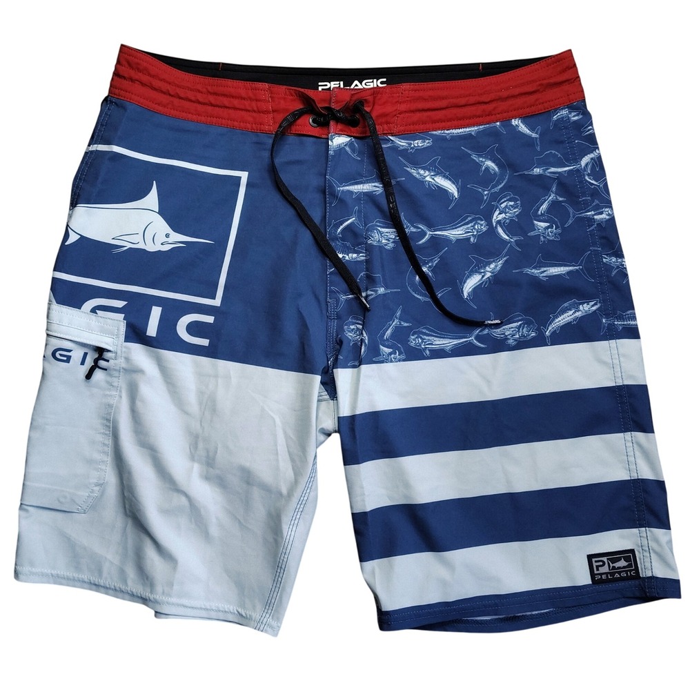 Pelagic Board Shorts Mens 36 Blue Red Marlin High Performance Americamo Stretch